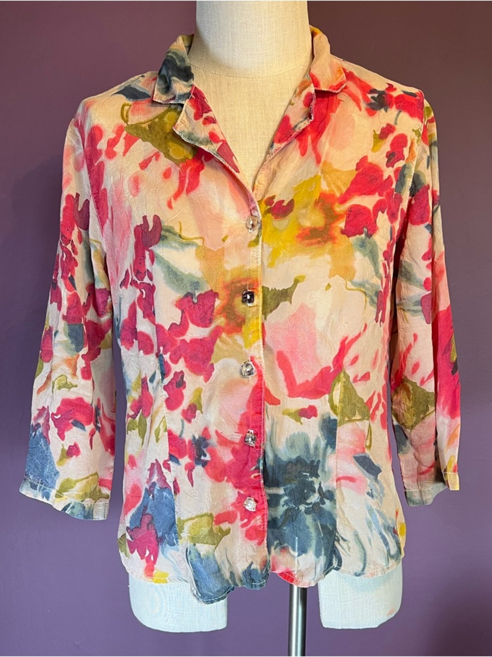 💖Watercolor Floral Button-Down Shirt in Pink & Multi by Click Color me Cotton